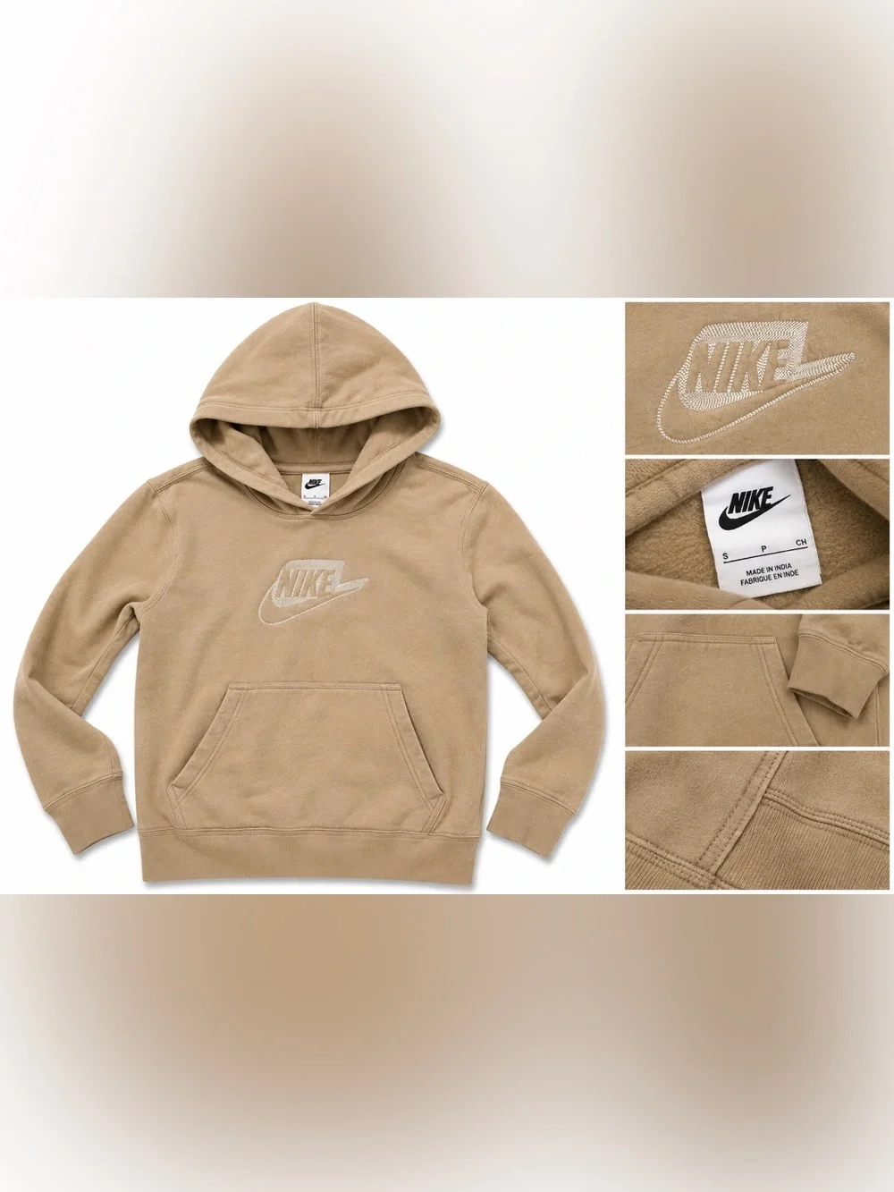 Nike Kids Tan Pullover Hoodie with Embroidered Logo